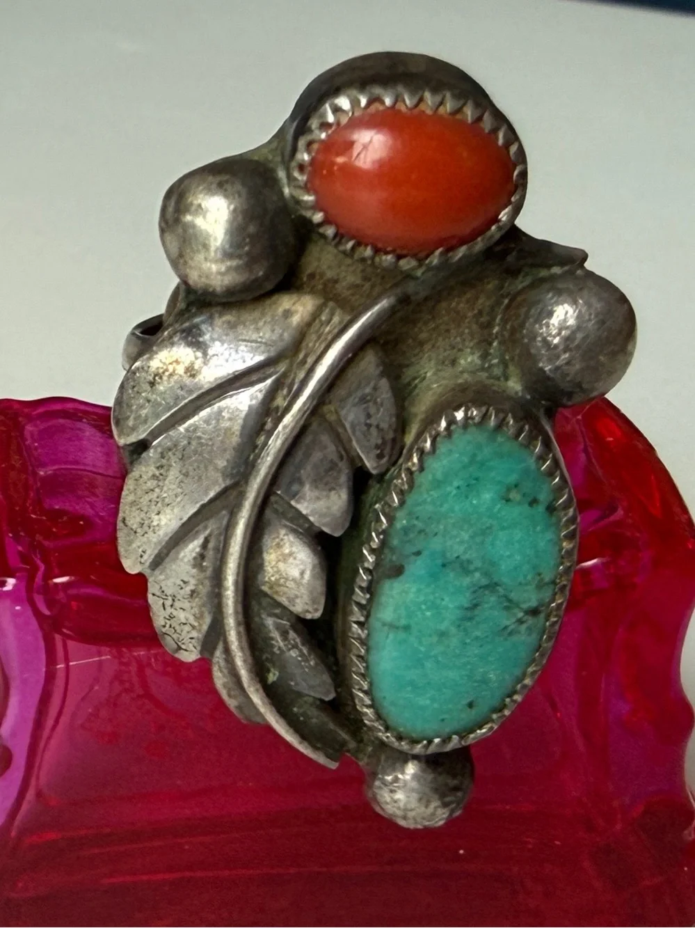 Vintage Navajo Sterling Turquoise Coral Leaf Ring Women Jewelry Size 7